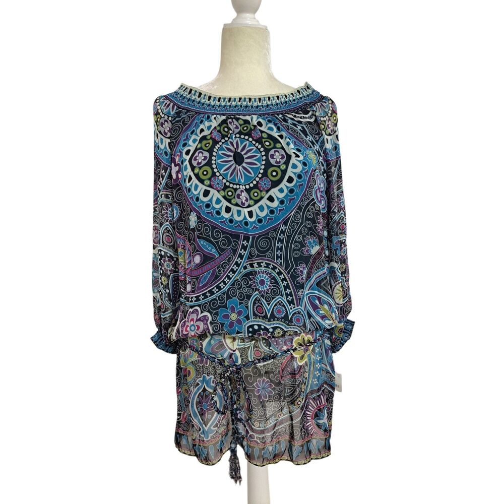 Ice Women's Tunic Top Blue Multicolor Chiffon Belted Boat Neck Long Sleeve M